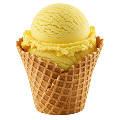 Yellow ice cream in a waffle cone isolated on transparent background