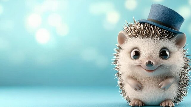 Adorable hedgehog wearing a tiny hat against a soft blue background.