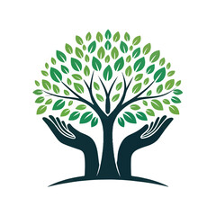 Fototapeta premium Human hands and tree with green leaves. Logo, symbol, icon, illustration, vector, template, design