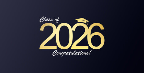 Futuristic graduation class of 2026 banner concept with glowing low polygonal golden graduation cap.