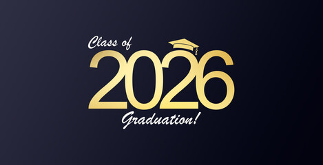 Futuristic graduation class of 2026 banner concept with glowing low polygonal golden graduation cap.
