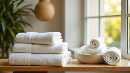 The image shows a stack of white towels sitting on top of a wooden table next to a window