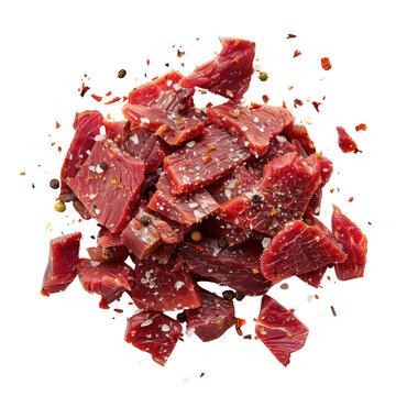Freshly cut pieces of beef seasoned with spices on a white background