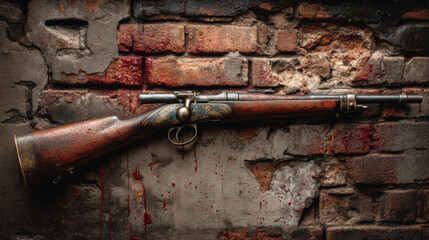 Vintage rifle rests against weathered brick wall, showcasing intricate details and rustic finish, evoking sense of history