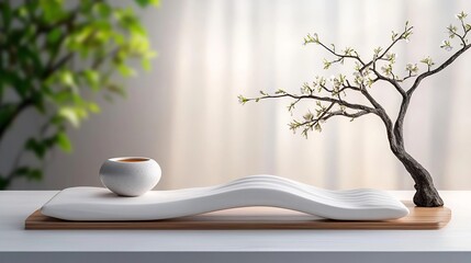 Tranquil, minimalist scene with a small ceramic bowl of tea and a bonsai tree on a white and light brown wooden platform