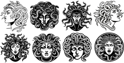 Medusa head vector bundle is a set of sketch-style, generative AI illustration artworks, featuring black and white scratchboard-style engravings, perfect for bold, mythological designs.