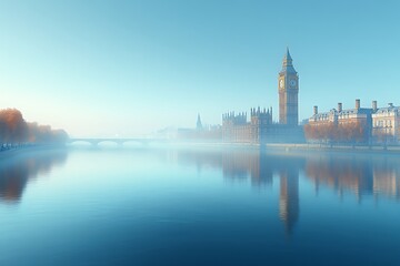 Big ben and the houses of parliament reflected in the calm waters of the thames river