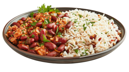 A delicious plate of red beans and rice garnished with fresh herbs on a wooden table