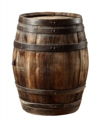 Obraz premium Aged wooden barrel, weathered and rustic. A sturdy, round container with dark brown wood, metal bands encircling it. Showing signs of age and use