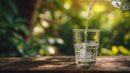 Refreshing water pouring into a glass outdoors