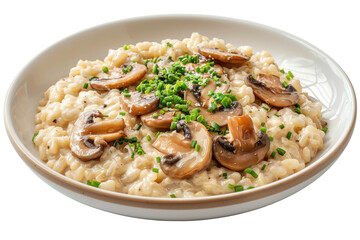 Creamy mushroom risotto served in a white bowl with chopped chives on top