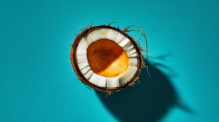 Closeup of half a coconut on vibrant blue background, tropical delight onehalf