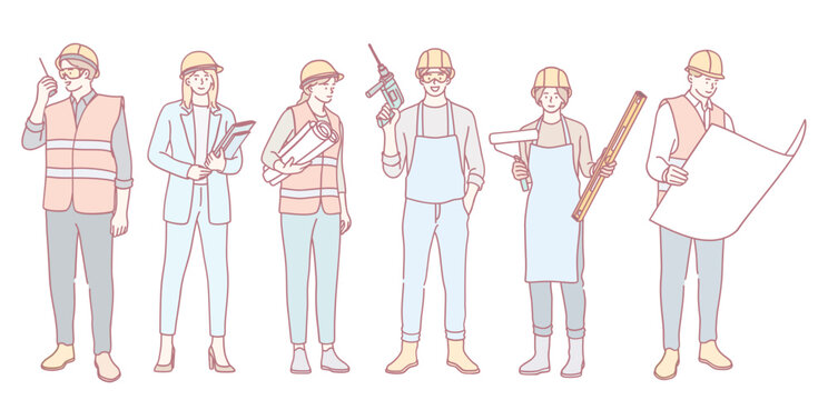 An illustration showcasing construction workers who represent various roles and essential tools within the industry