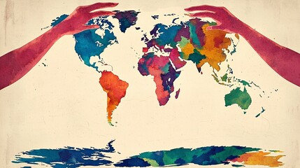 hand-drawn world map emerging from between two reaching hands, symbolizing creation of a freer world, watercolor texture with faded edges and top left copy space hand-drawn map, artistic hands, 