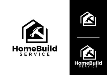 creative house building logo. hammer tool repair home construction design concept	

