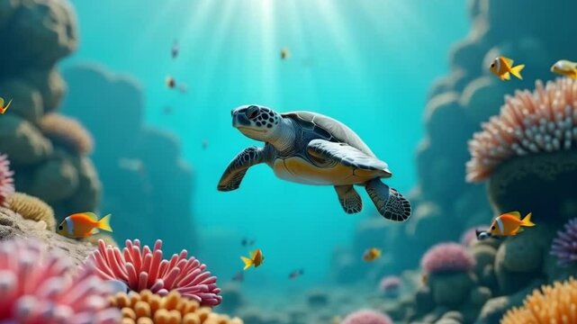 Cartoon sea turtle swimming through colorful coral reef, cheerful underwater animation for nature and kids