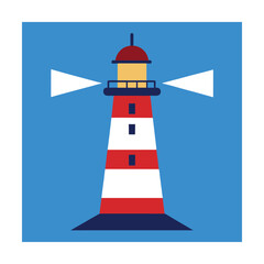 Colorful vector illustration of a lighthouse with beams shining against a blue background