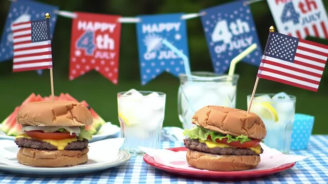 Festive 4th of July Picnic with Burgers, Lemonade, and American Flags and decorations