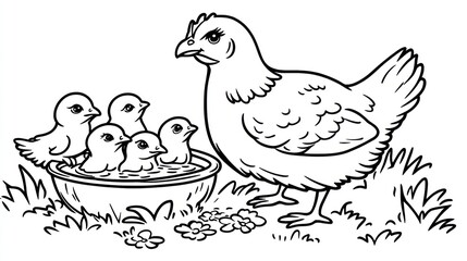 Obraz premium Hen watches her chicks bathing in a bowl outside in grassy field