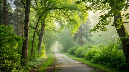 A green forest path winds through the trees, a scenic summer landscape