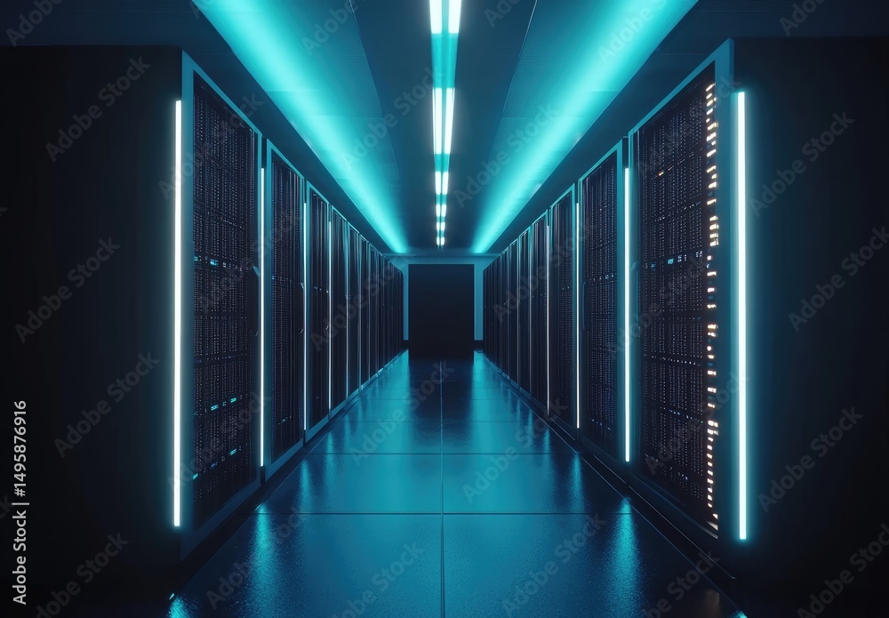 Poster Symmetrical aisle of glowing server racks under teal lighting in a futuristic data center, ideal for representing cloud infrastructure, network architecture, or IT operations