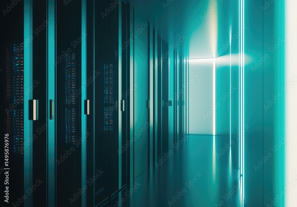Poster minimalist corridor of a high-tech data center with sleek server racks and teal neon lighting, ideal