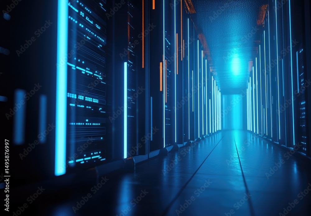 Poster Low-angle view of a futuristic data center hallway lined with illuminated server racks and glowing lights, ideal for depicting cloud architecture, IT networks, or secure digital storage