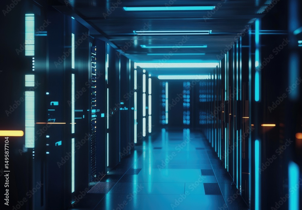 Poster high-tech server hallway glowing with vibrant blue and orange lighting in a futuristic data center, 