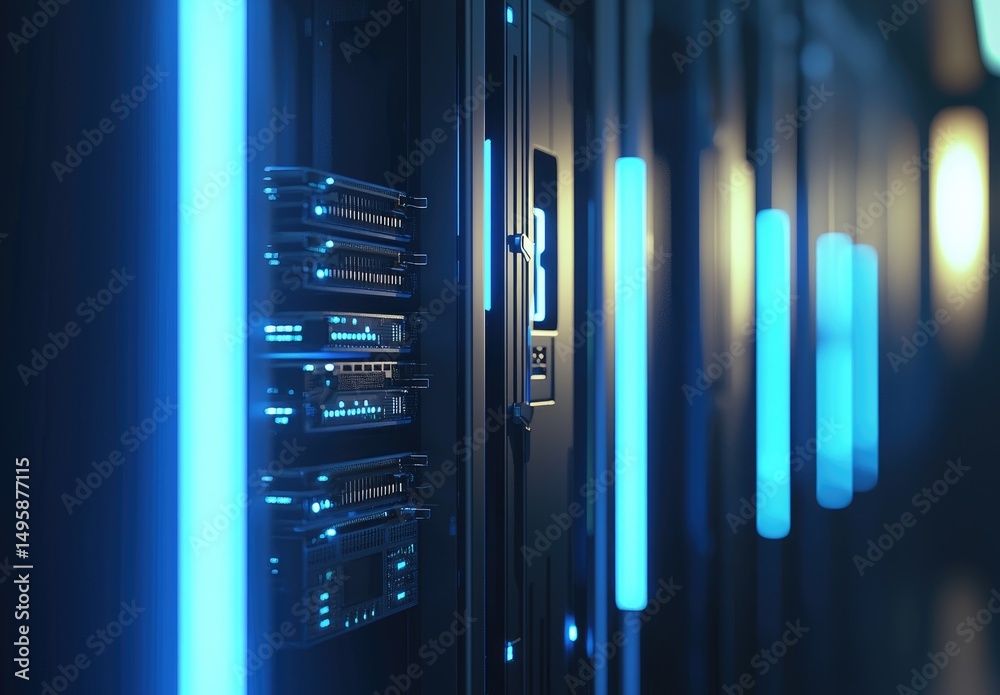 Leinwandbilder Close-up view of illuminated server hardware with glowing blue lights in a dark futuristic data center, ideal for cybersecurity, cloud systems, or IT service visuals