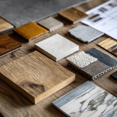 Interior design material samples.  Various colors and textures of flooring, wall, and countertop options displayed for selection