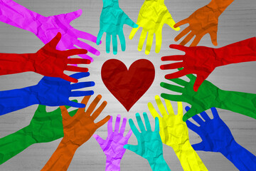 World diversity or earth day and international culture as a concept of diversity and crowd cooperation symbol as diverse hands holding together the a red heart.