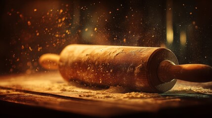 Rolling dough on rustic wooden table, culinary foundation in the making rolling