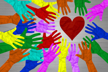 World diversity or earth day and international culture as a concept of diversity and crowd cooperation symbol as diverse hands holding together the a red heart.