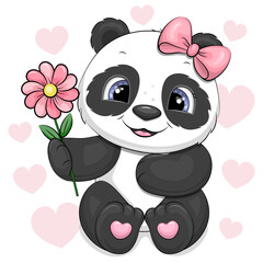 Cute Cartoon Panda with pink flower and hair bow. Vector Illustration with animal on white background with pink hearts.