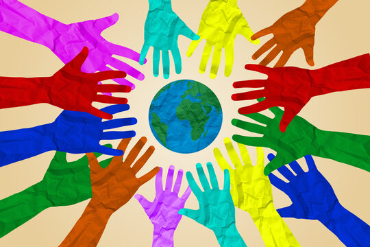 International diversity or earth day and international world culture as a concept of diversity and crowd cooperation symbol as diverse hands holding together the planet earth.