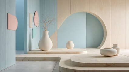 Modern minimalist interior design with pastel colors geometric shapes and decorative ceramic vases
