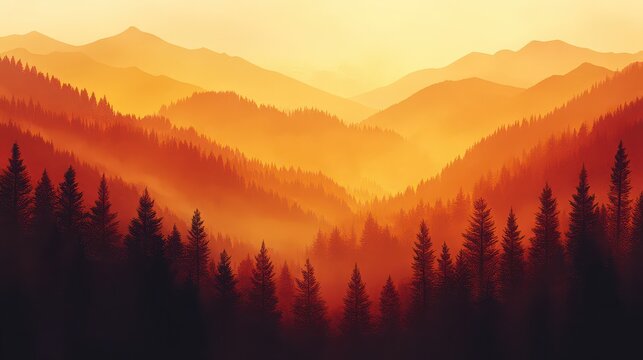 A scenic view of a mountain range with a forest in the foreground during a warm orange sunset