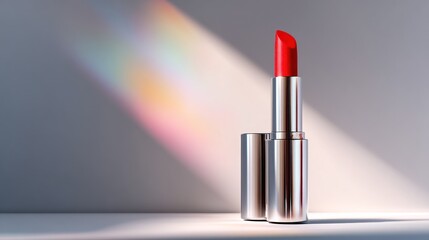 Red lipstick in a metallic silver tube, lit by sunlight