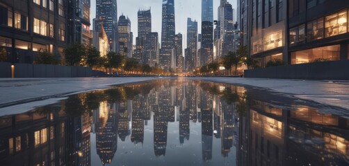 Modern city skyline reflected on poster on sidewalk, architecture, blue