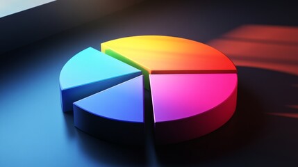 Fototapeta premium Floating D pie chart with vibrant parts casting shadows on a dark gradient surface