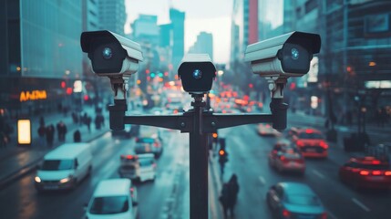 Multiple CCTV cameras monitoring a busy city street from tall poles