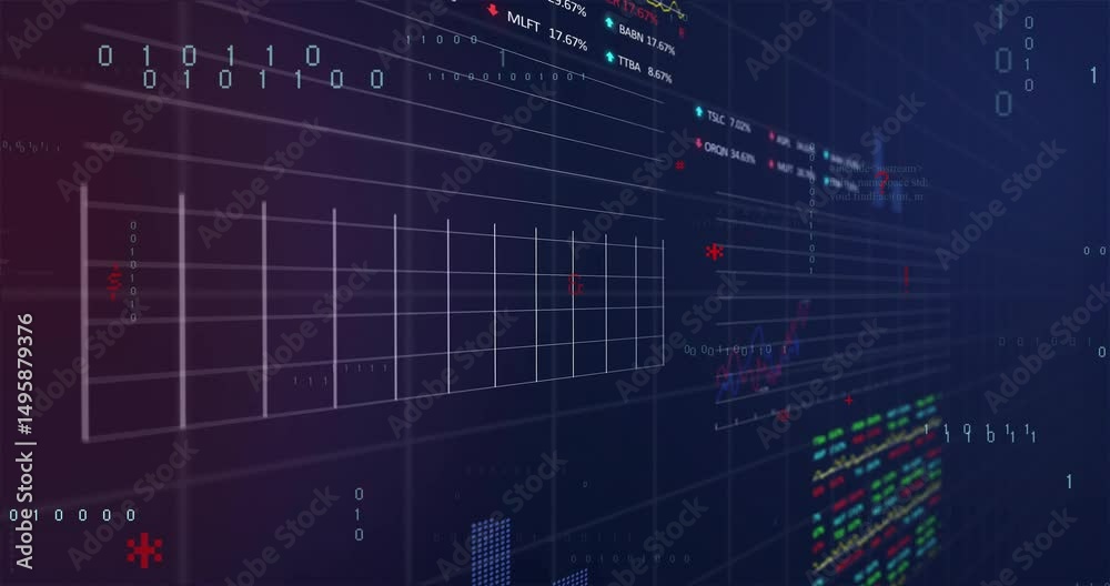 Poster white grid lines snapping to focus guiding sliding binary digits as graphs visualizing data trends