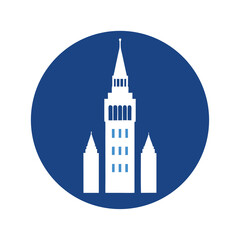 Fototapeta premium Minimalist architectural illustration of a prominent building inside a deep blue circle design