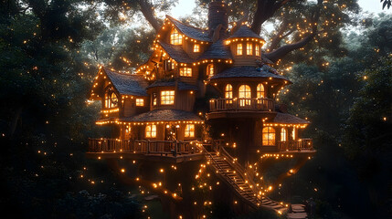 Multilevel treehouse glowing with lights at dusk, blending fantasy and realism in a whimsical forest setting