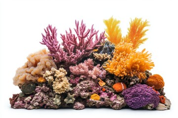 Colorful coral reef with various marine life isolated on a transparent background