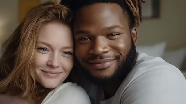 Intimate portrait of cheerful diverse couple embracing with genuine smiles