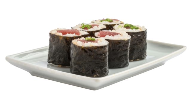 Fresh sushi rolls arranged on a white plate, showcasing vibrant ingredients and garnishes