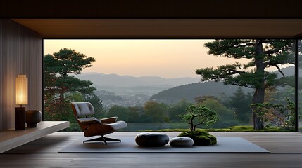 Tranquil modern interior with panoramic mountain view