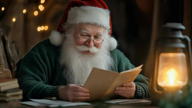 Santa claus reading letters by lantern light in cozy christmas setting.