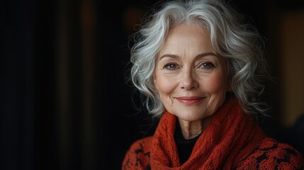 Fototapeta premium Elegant senior woman with gray hair smiling in autumn knitwear, embracing natural beauty and graceful aging